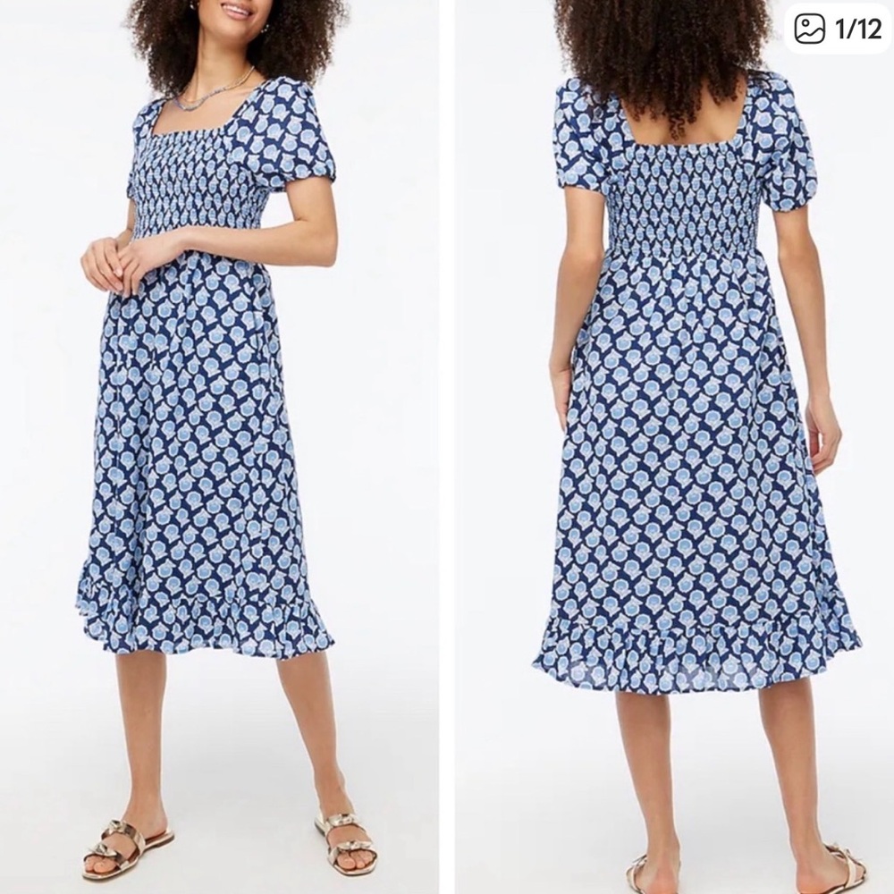 J. Crew Smocked Midi Dress Puff Sleeves Floral Print Womens Size XL